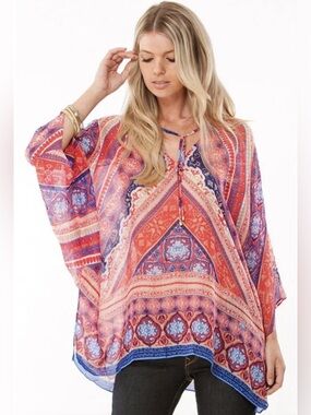 Hale Bob Aqua 100% Silk Geometric Print Poncho Blouse Cover Up  Size Small